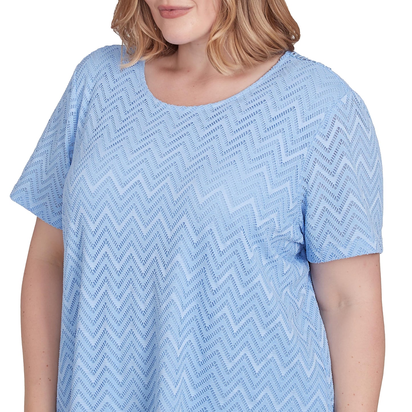 Alfred Dunner Women's Petite Textured Chevron Lace Back Tee Size PS Iris
