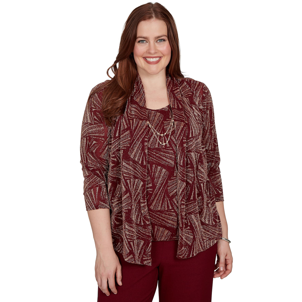 Alfred Dunner Shimmer Abstract Two in One Top with Necklace, Cranberry, L