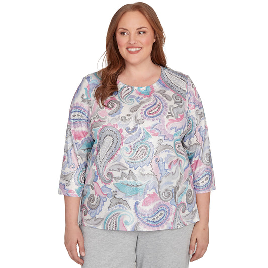 Alfred Dunner Women's Plus-Size Pleated Paisley Crew Neck Top Size 2X Grey Multi
