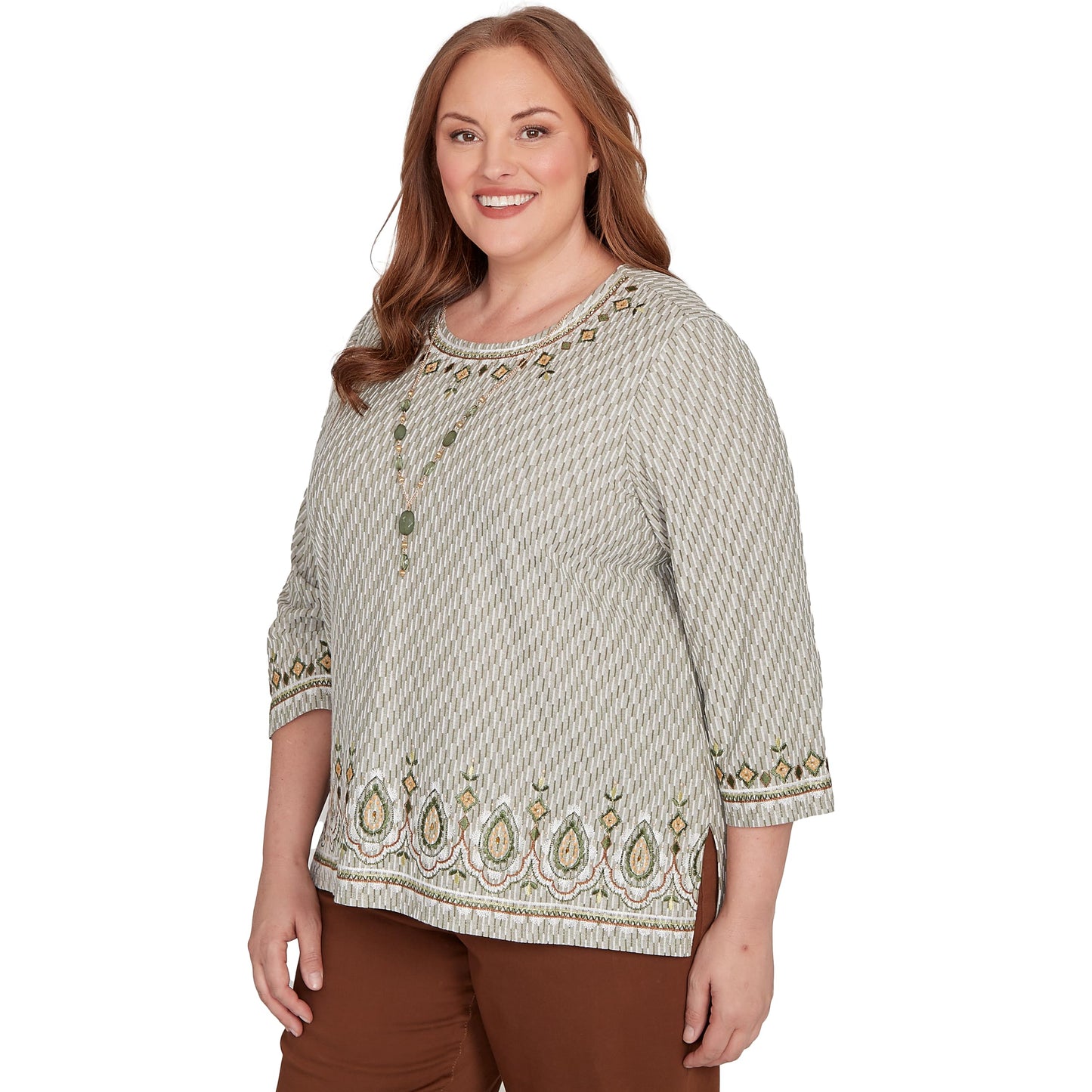 Alfred Dunner Women's Plus-Size Textured Medallion Bordered Top with Necklace Size 2X Pine