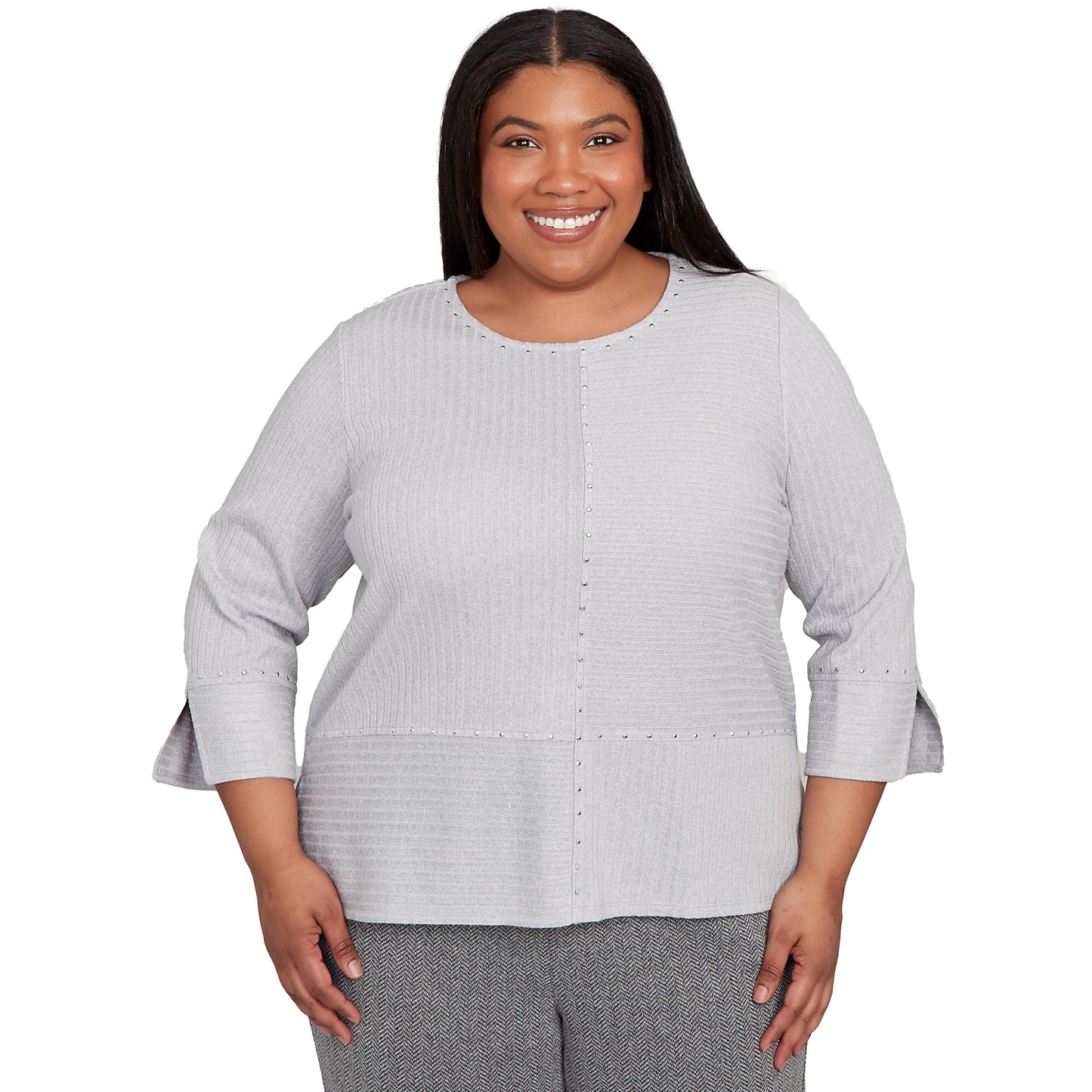 Alfred Dunner Women's Plus-Size Heat Set Embellished Solid Knit Top, Size 2X, Grey