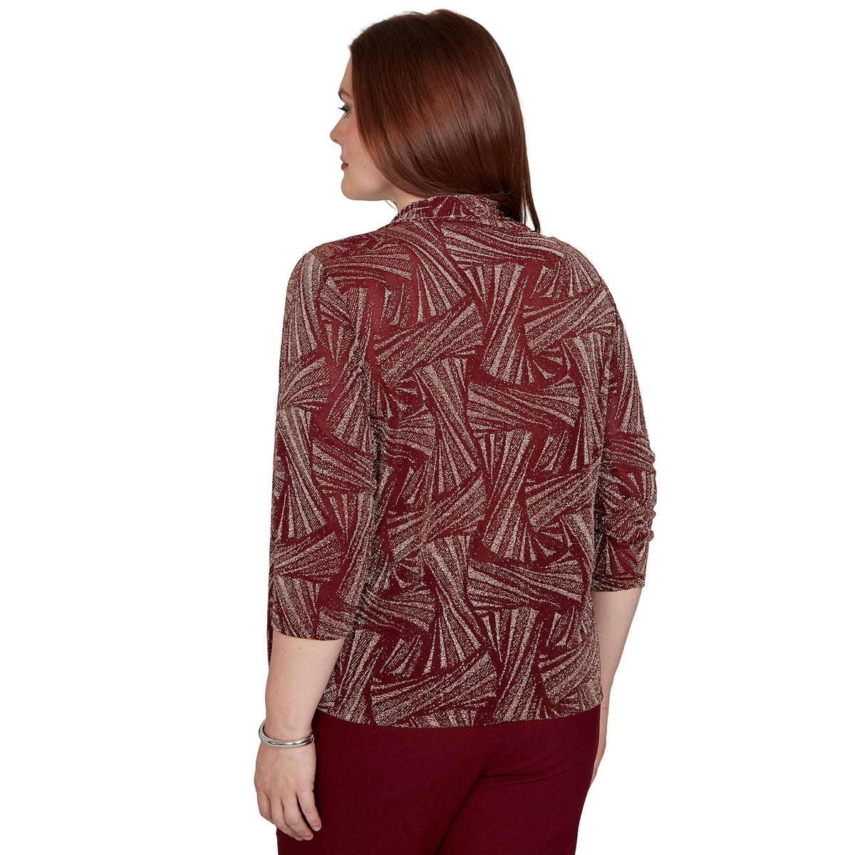 Alfred Dunner Shimmer Abstract Two in One Top with Necklace, Cranberry, XL