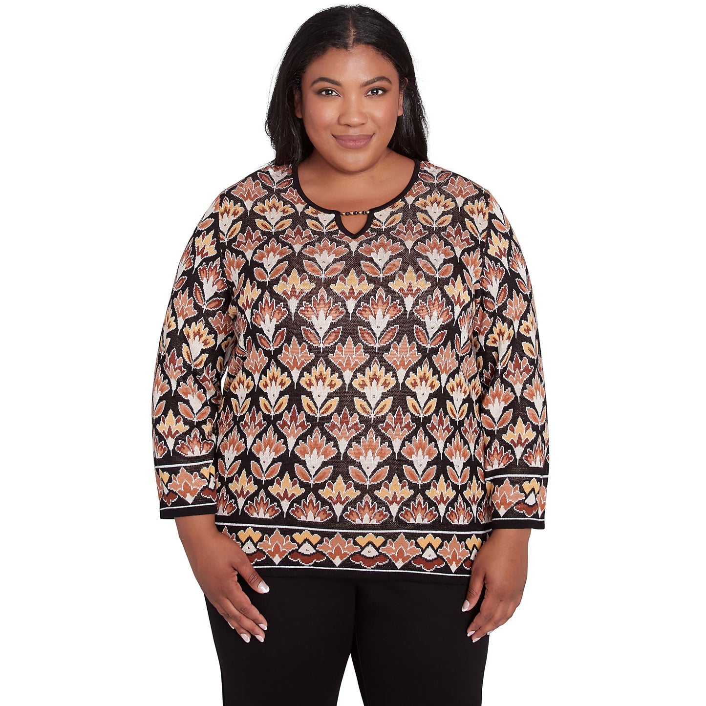 Alfred Dunner Rue Rivoli Border Floral Sweater (US, Alpha, 1X, Plus, Regular, Plus Size, Natural/Multi)