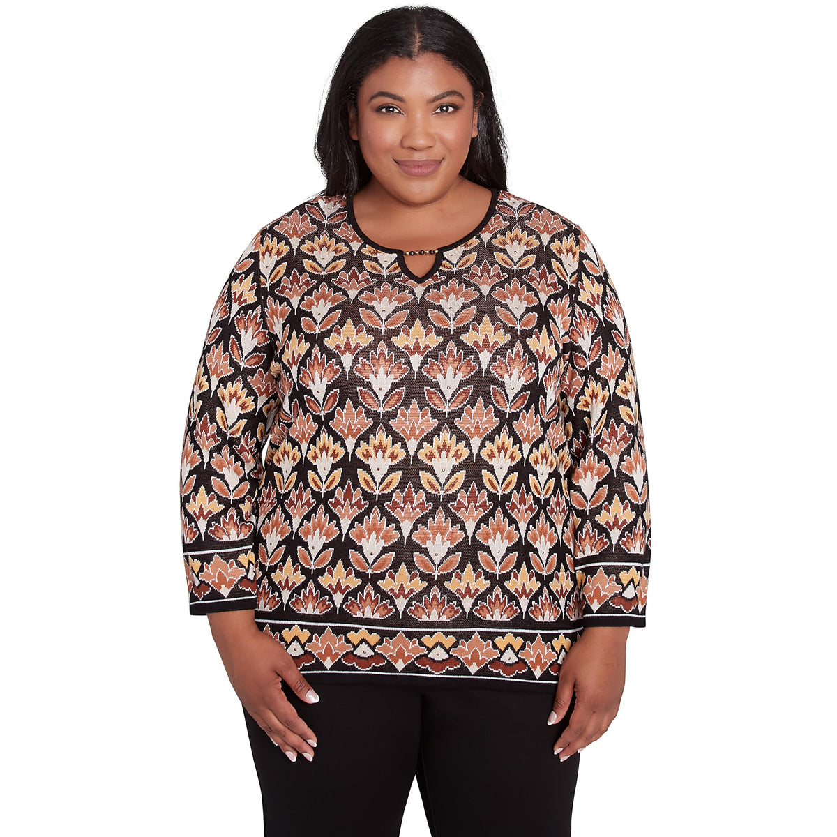 Alfred Dunner Rue Rivoli Border Floral Sweater (US, Alpha, 1X, Plus, Regular, Plus Size, Natural/Multi)