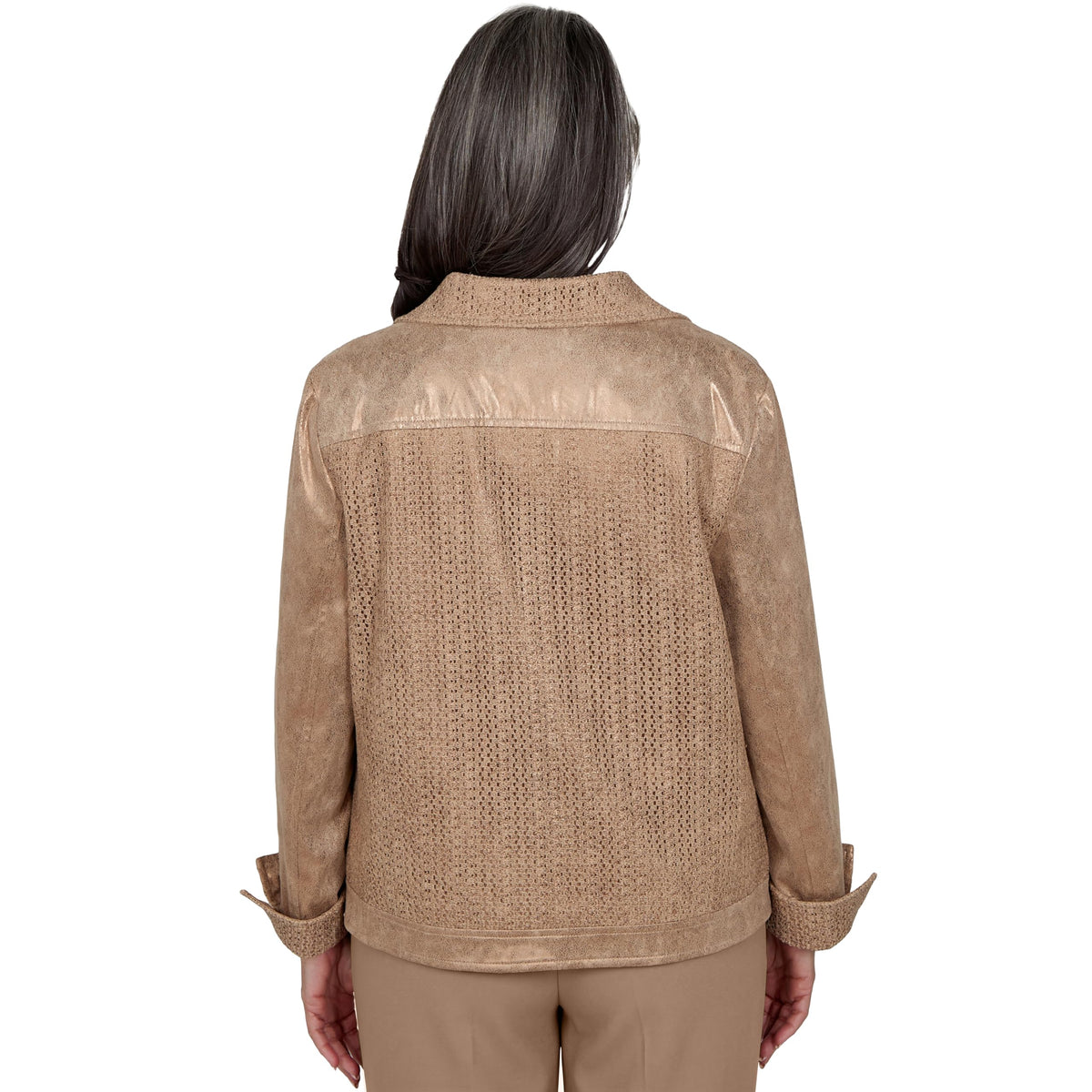 Alfred Dunner Petite Mixed Media Knit Back Jacket, Pecan, PS