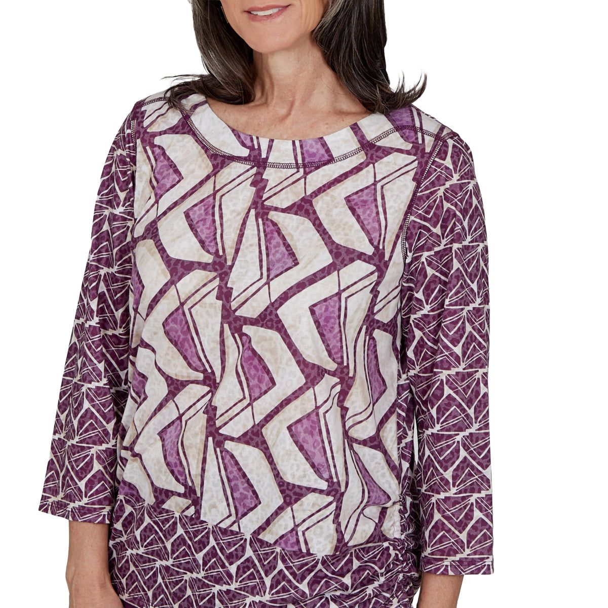 Alfred Dunner Women's Geo Twin Print Knit Top, Plum, L
