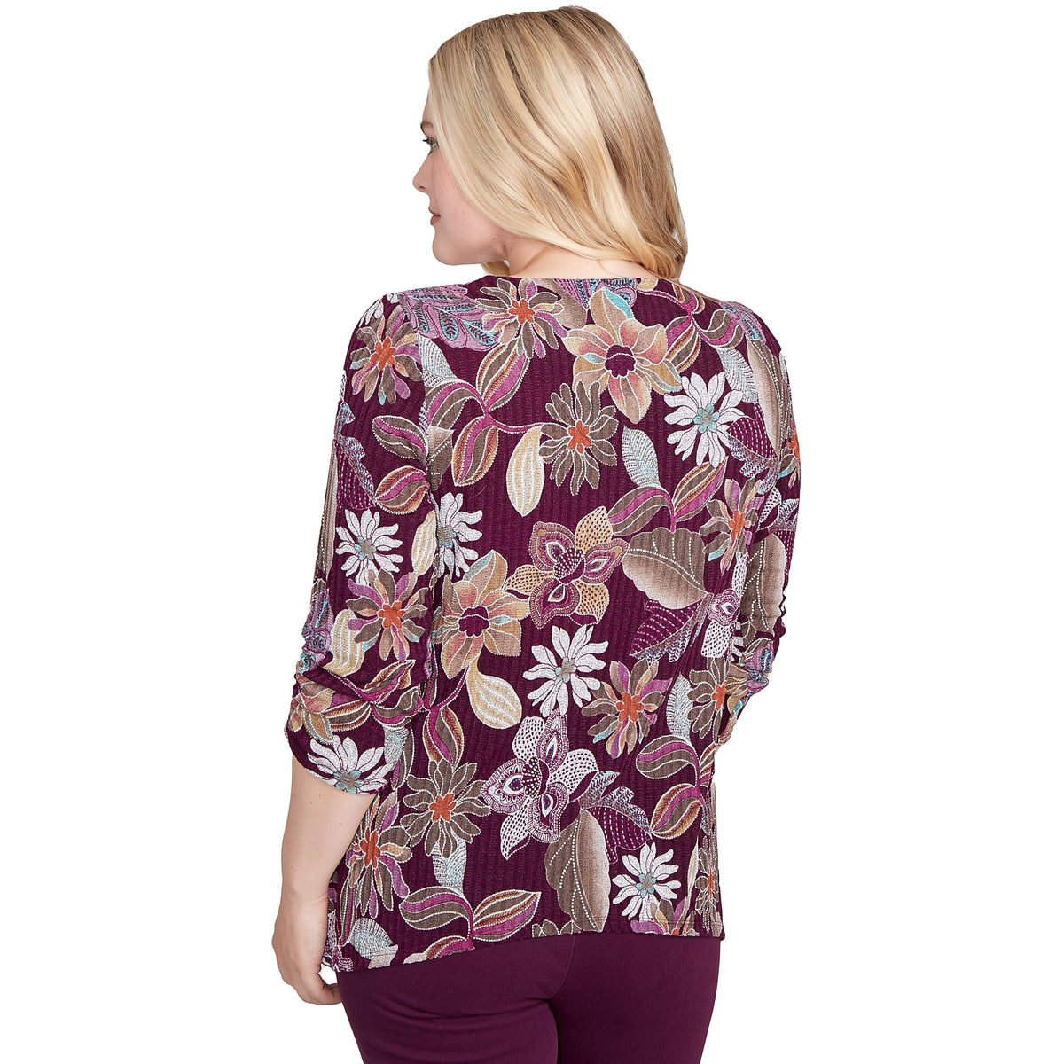Alfred Dunner Women's Batik Floral Melange Printed Top Size XL Plum