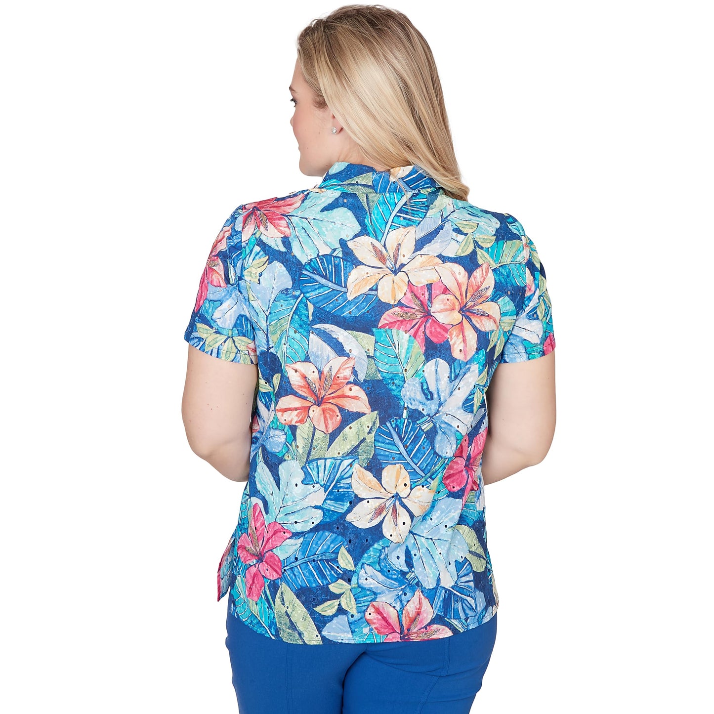 Alfred Dunner Women's Tropical Lace Short Sleeve Button Front Tee