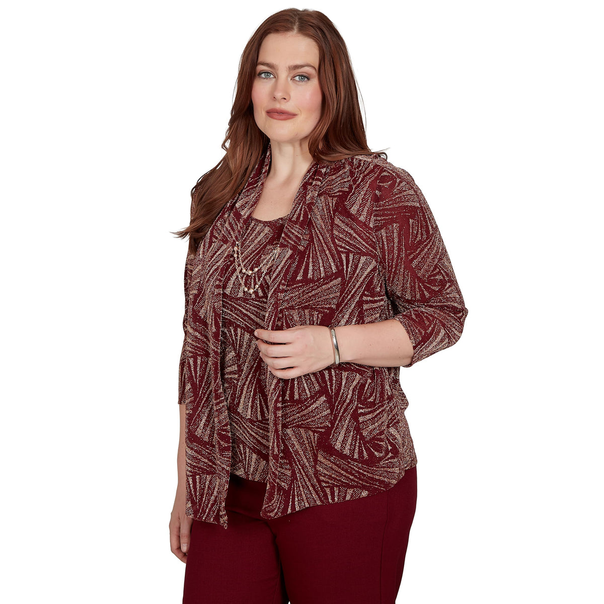 Alfred Dunner Shimmer Abstract Two in One Top with Necklace, Cranberry, L