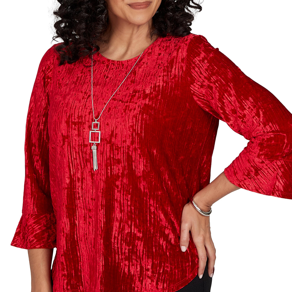 Alfred Dunner Women's Crushed Velvet Top with Necklace, Red, L