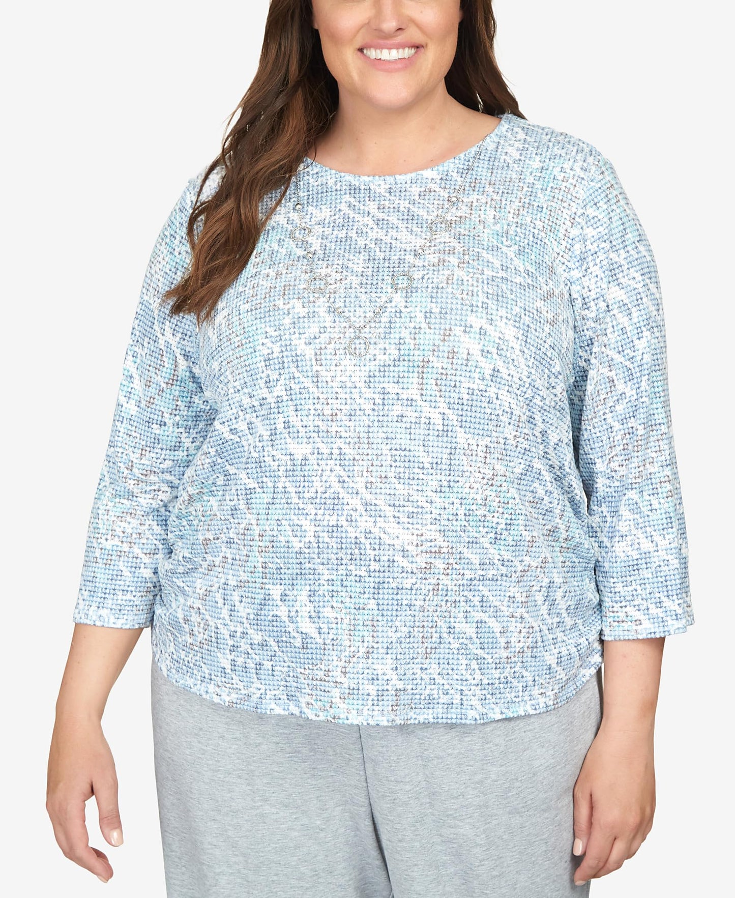 Alfred Dunner Women's Plus-Size Animal Print Ruched Hem Top with Necklace Size 1X Wedgewood
