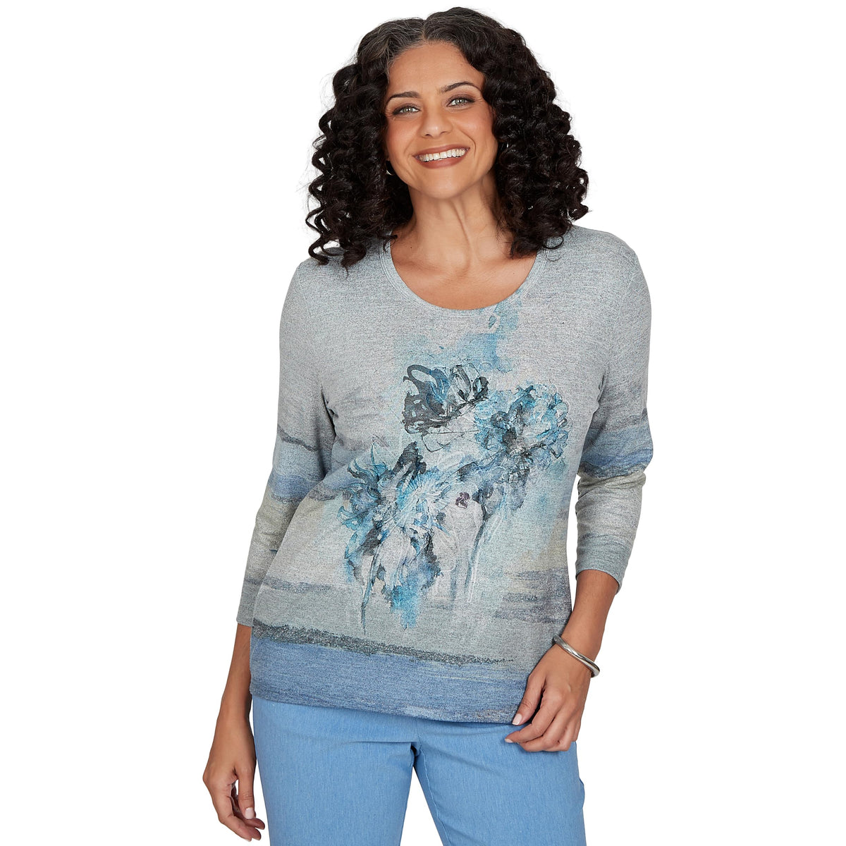 Alfred Dunner Women's Chenille Painted Floral Lace Top, Blue, M