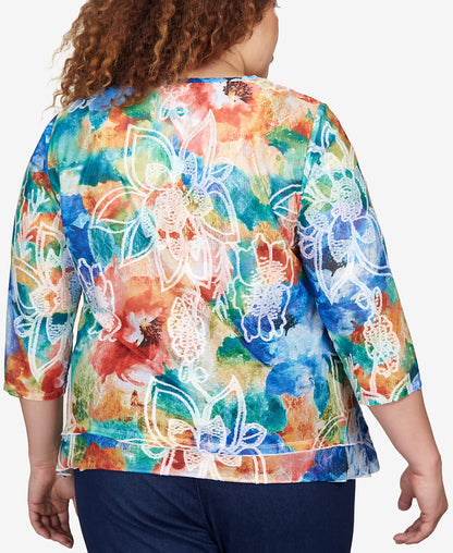 Alfred Dunner Women's Plus-Size Moody Watercolor Floral V-Neck Top