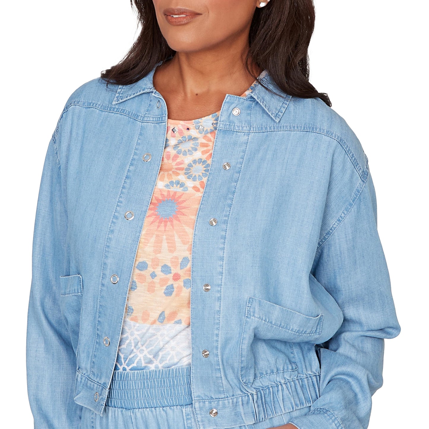 Alfred Dunner Women's Petite Casual Elastic Lyocell Shirt Jacket, Size PS, Blue