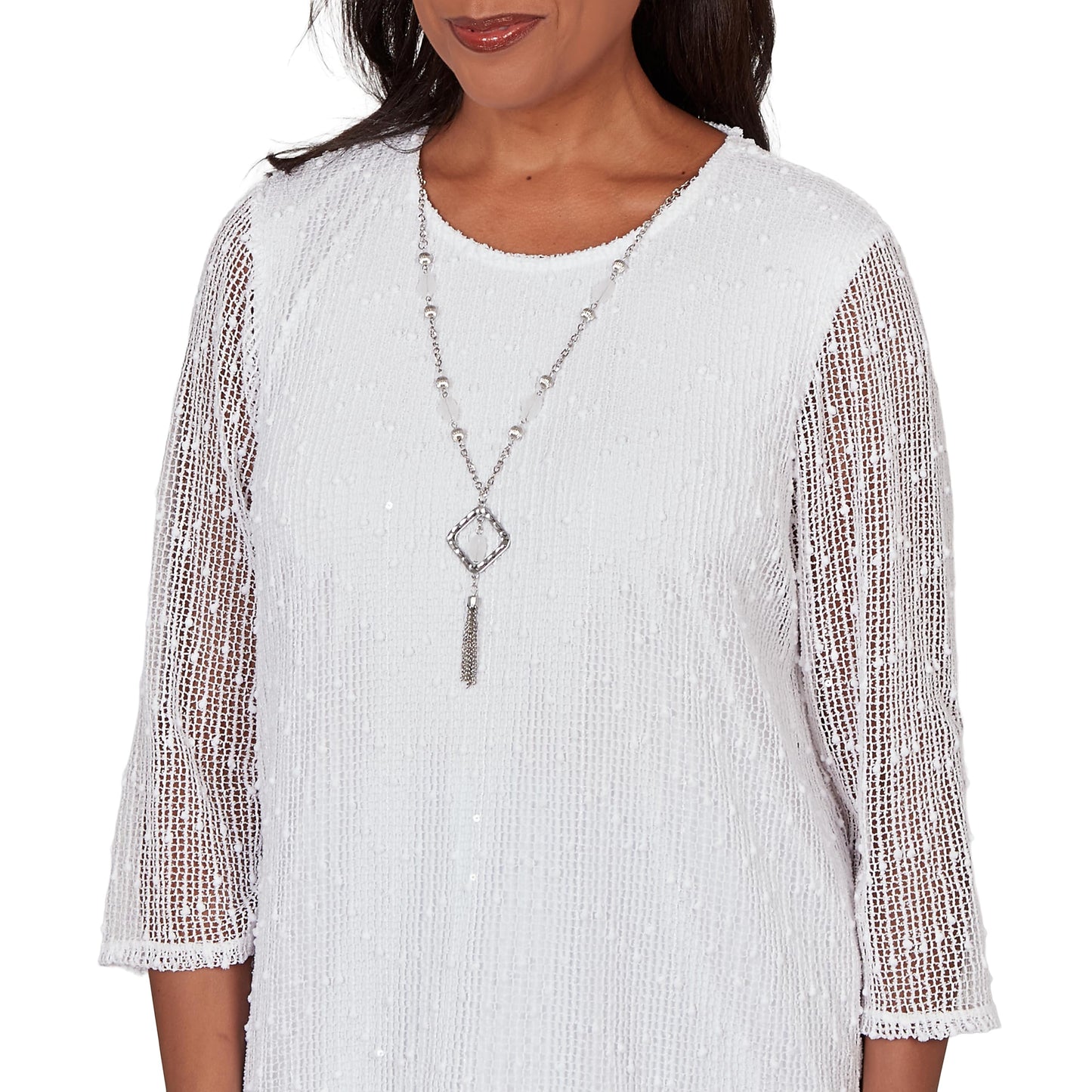 Alfred Dunner Women's Popcorn Mesh Solid Top with Necklace
