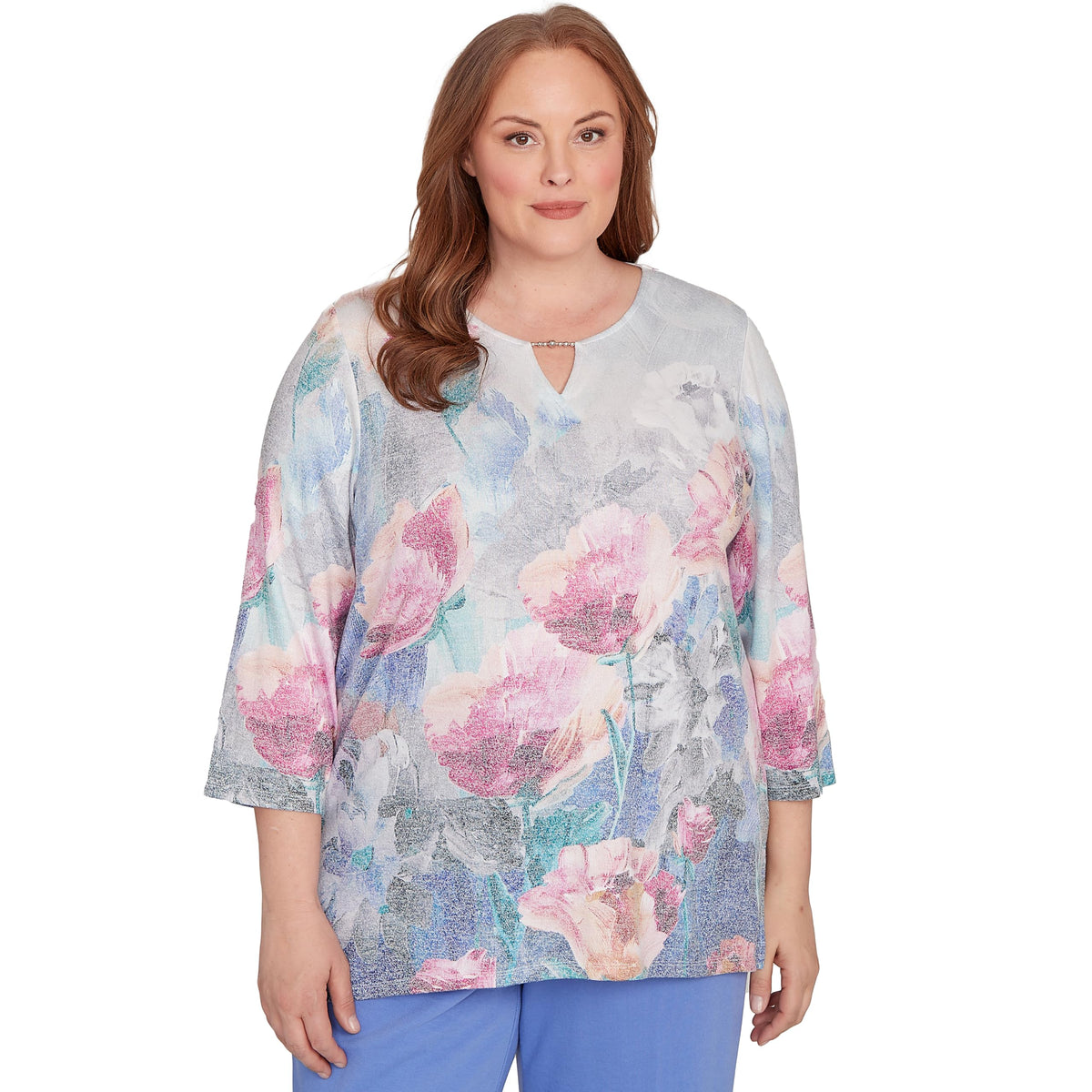 Floral Brushstroke Beaded Split Neck Top