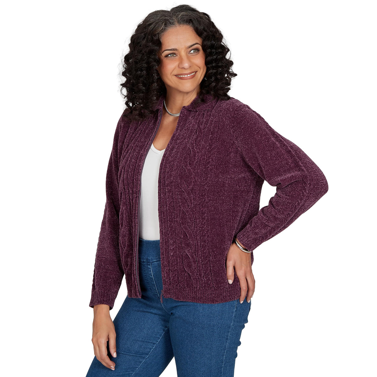 Alfred Dunner Women's Cable Chenille Zip Cardigan Sweater, Amethyst, M