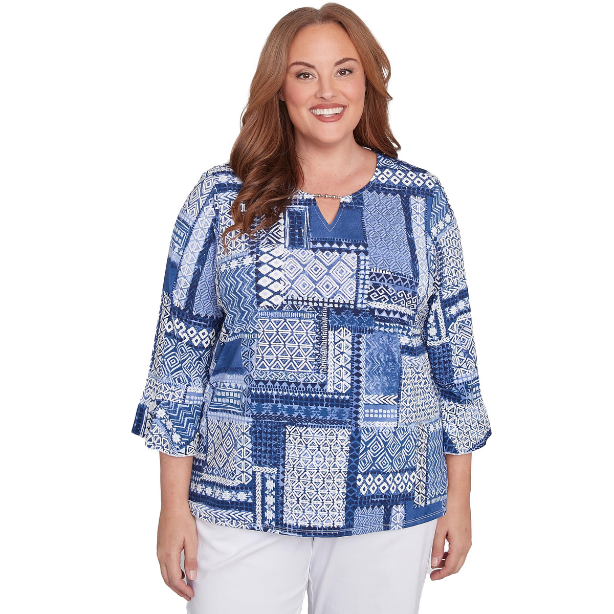 Alfred Dunner Womens Petite Beaded Split Neck Patchwork Top, Denim, Size PM