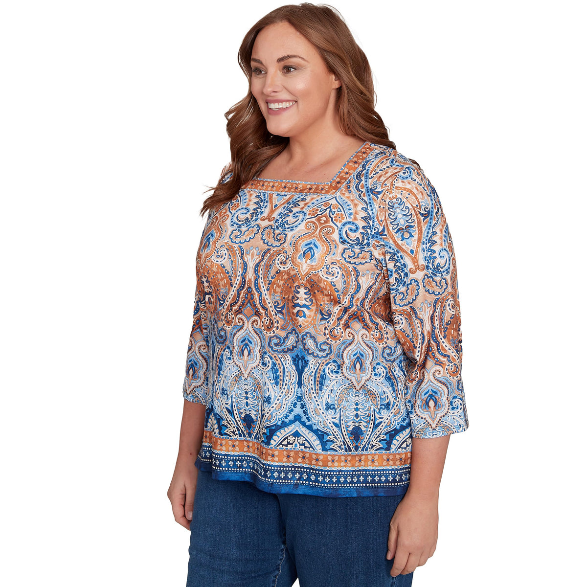 Alfred Dunner Women's Petite Medallion Bordered Square Neck Top Size PS Denim