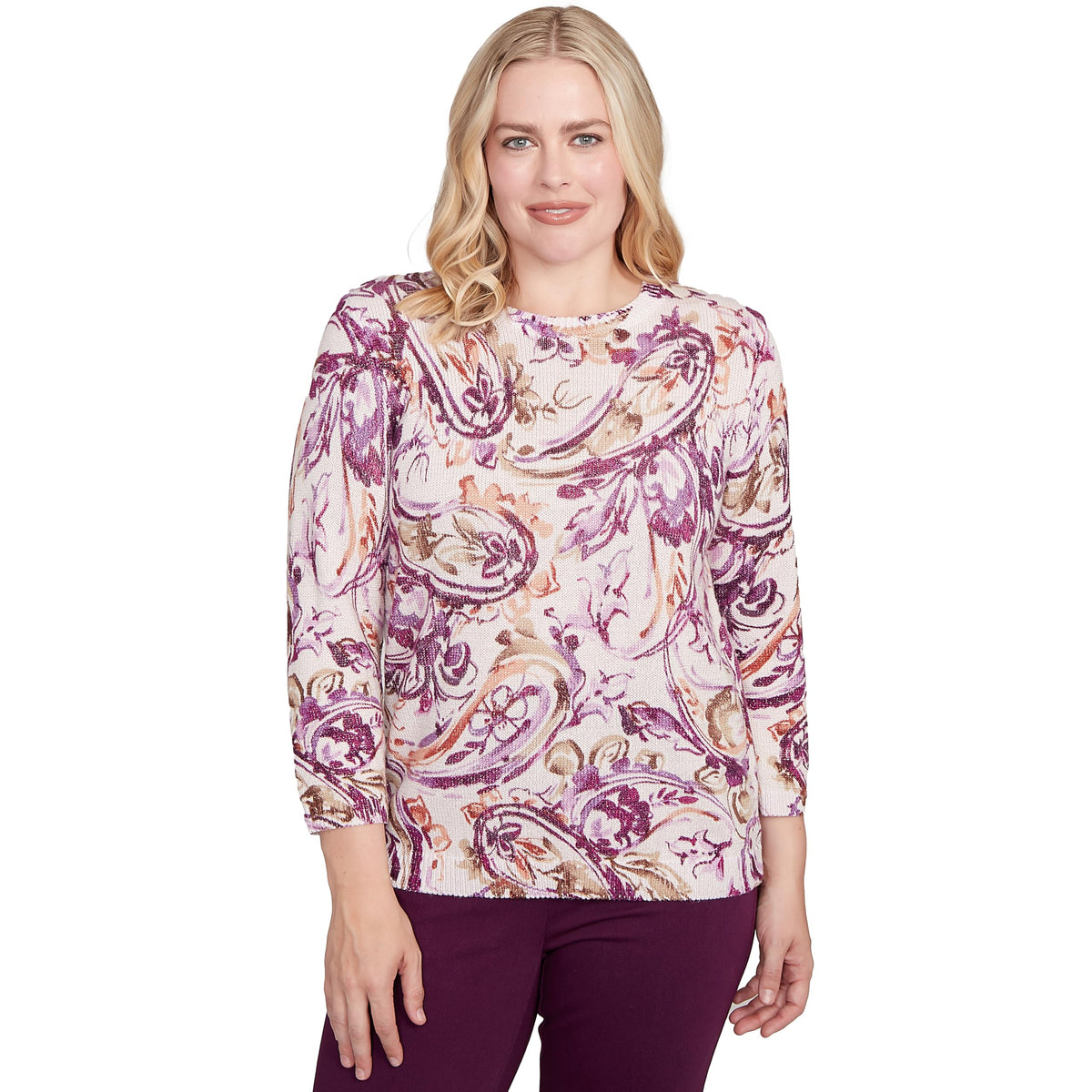 Alfred Dunner Paisley Floral Knit Pullover Sweater (US, Alpha, Medium, Regular, Regular, Standard, Ivory/Multi)