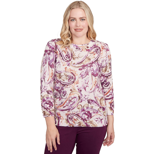 Alfred Dunner Paisley Floral Knit Pullover Sweater (US, Alpha, Small, Regular, Regular, Standard, Ivory/Multi)