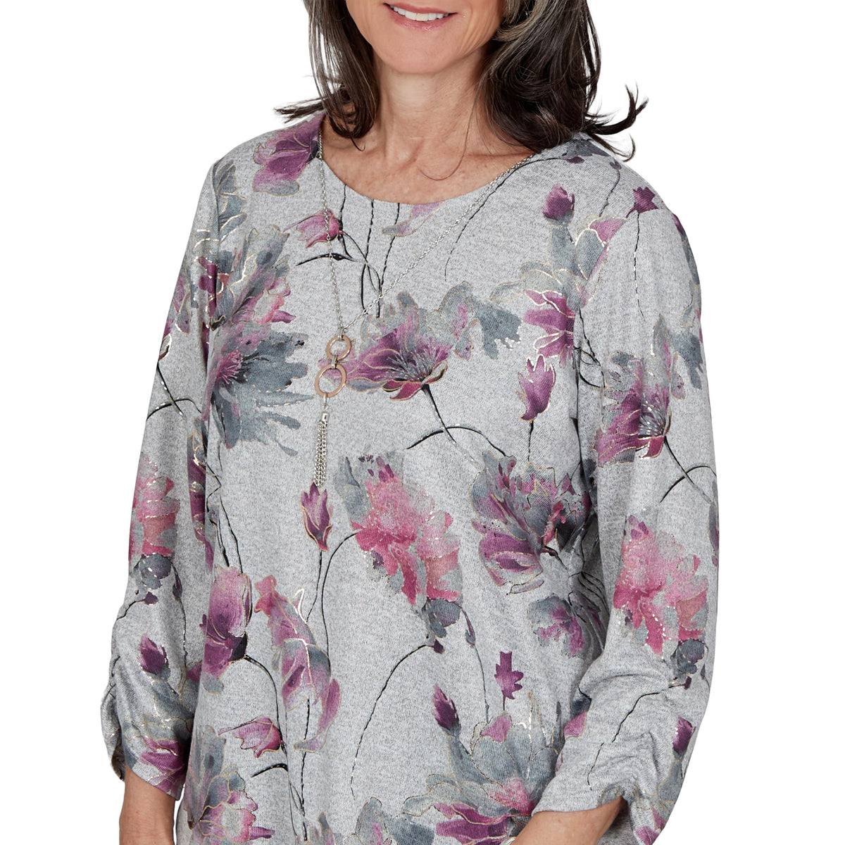 Alfred Dunner Women's Floral Shimmer Foil Knit Top, Grey, L