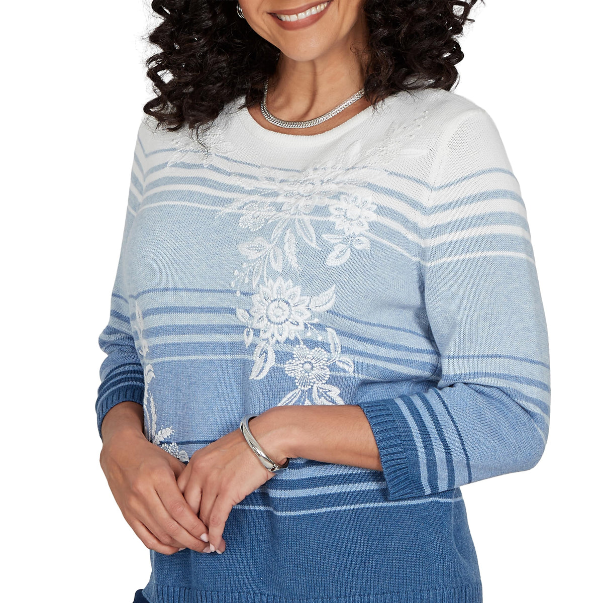 Alfred Dunner Women's Ombre Stripe Floral Embroidered Sweater, Denim, L