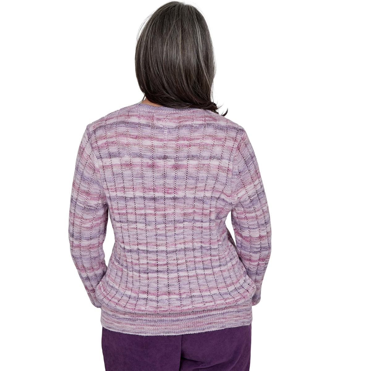 Alfred Dunner Women's Space Dye Ribbed Sweater with Necklace, Amethyst, L