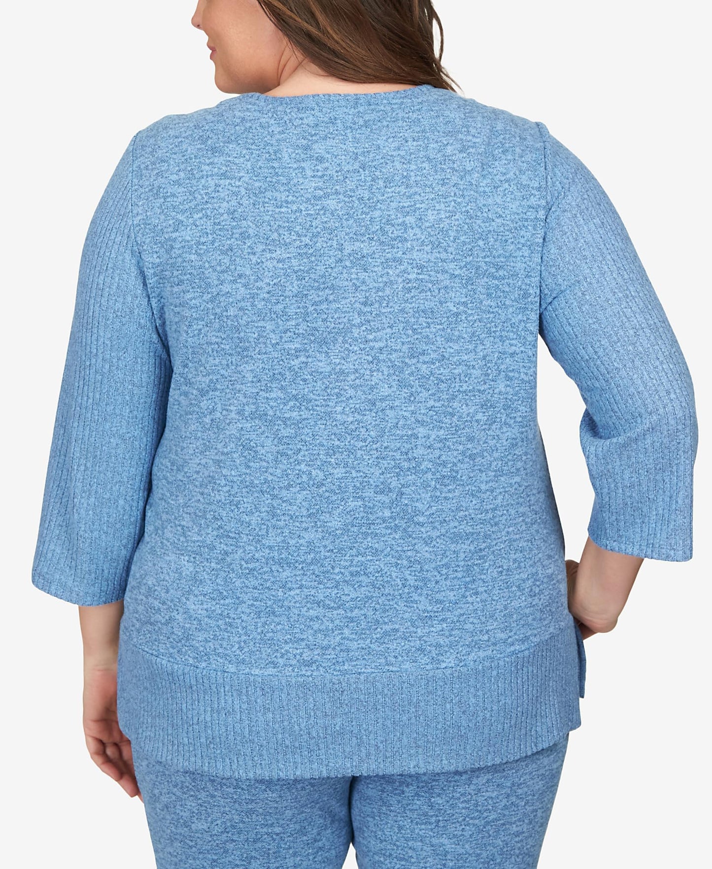 Alfred Dunner Comfort Zone Floral Embroidered with Slit Hem and Ribbed Sleeve (US, Alpha, 3X, Plus, Regular, Plus Size, Wedgewood)