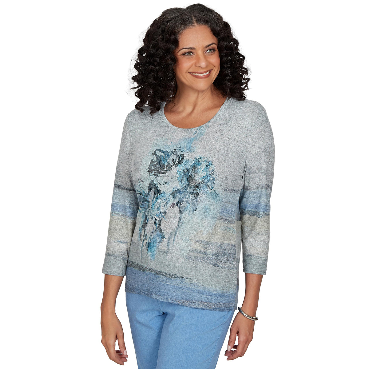 Alfred Dunner Women's Chenille Painted Floral Lace Top, Blue, XL