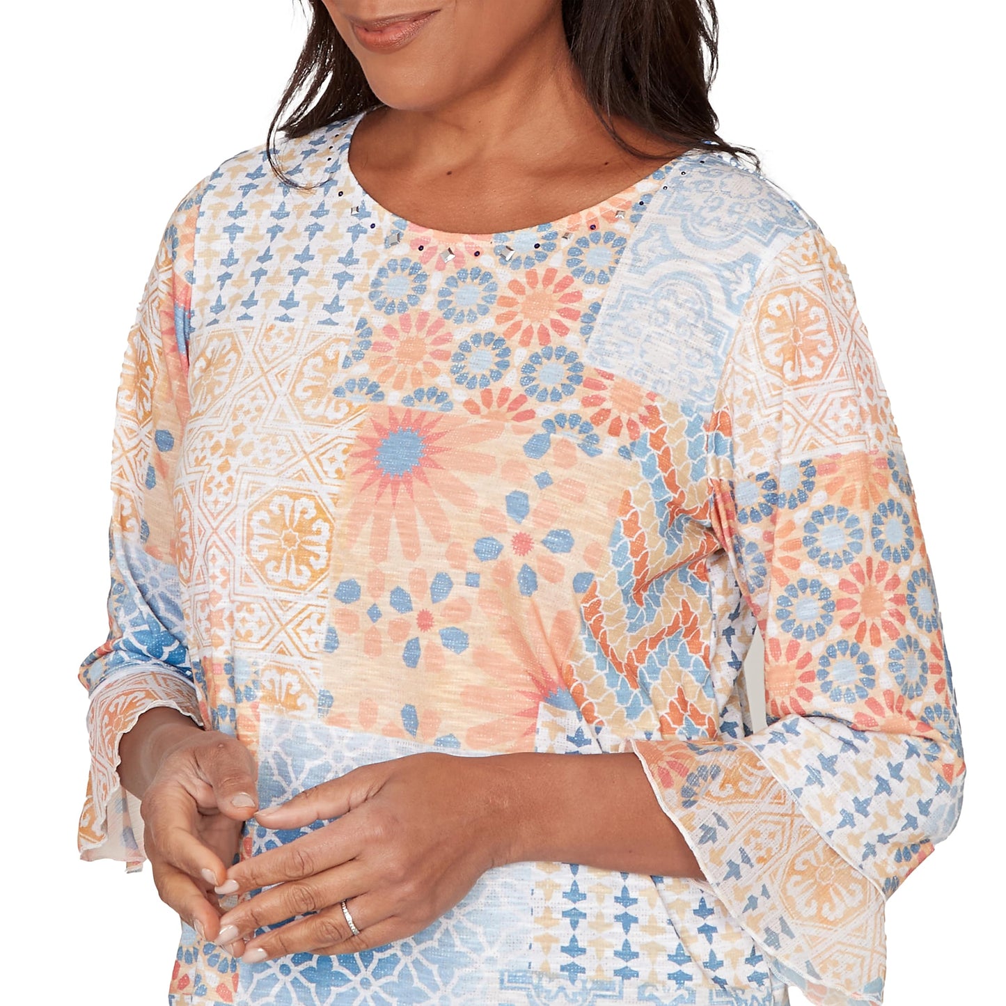Alfred Dunner Women's Patchwork Medallion Ruffle Sleeve Top, Size XL, Blue Multi
