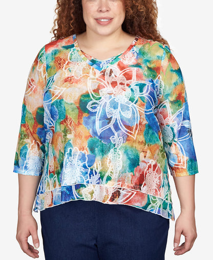 Alfred Dunner Women's Plus-Size Moody Watercolor Floral V-Neck Top