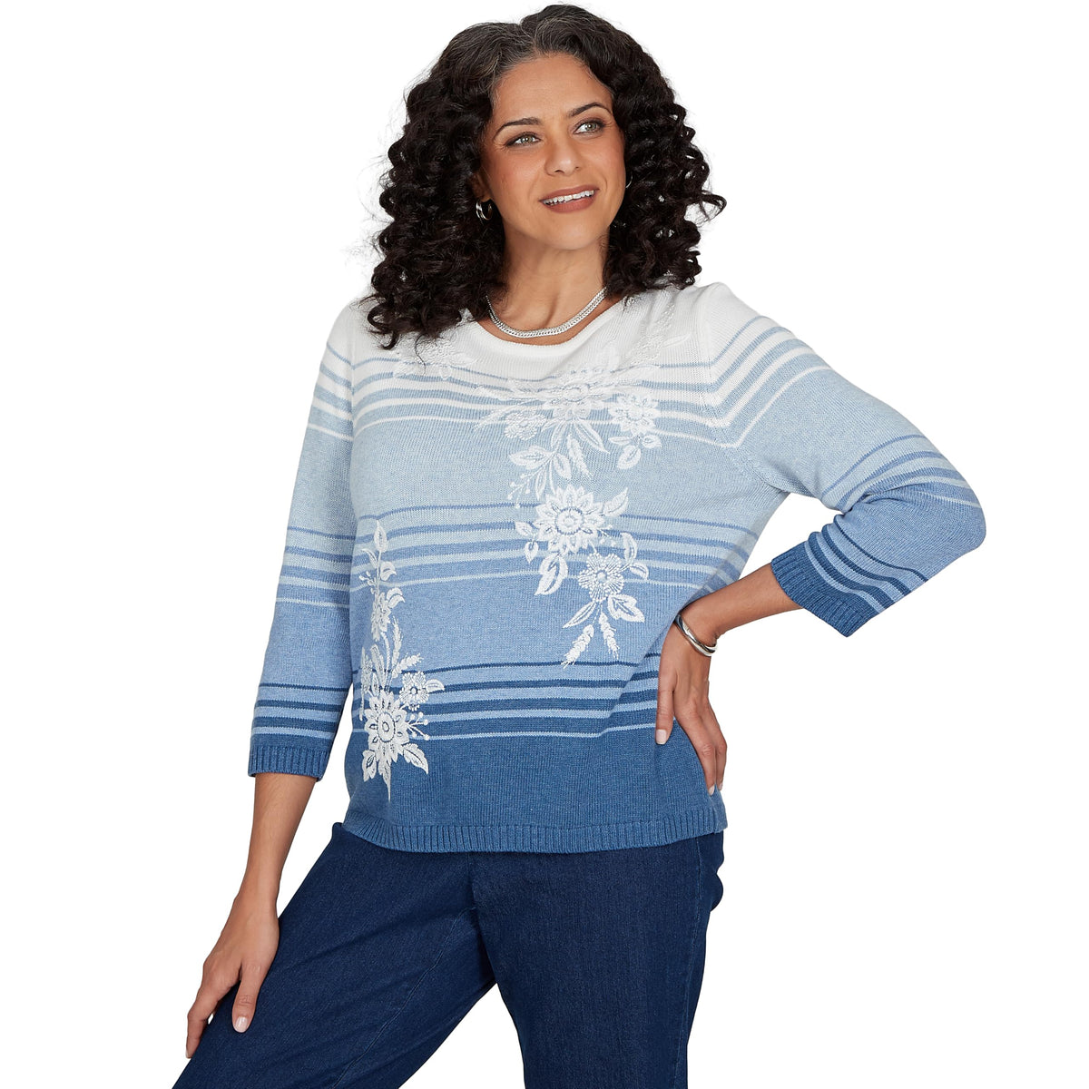 Alfred Dunner Women's Ombre Stripe Floral Embroidered Sweater, Denim, S