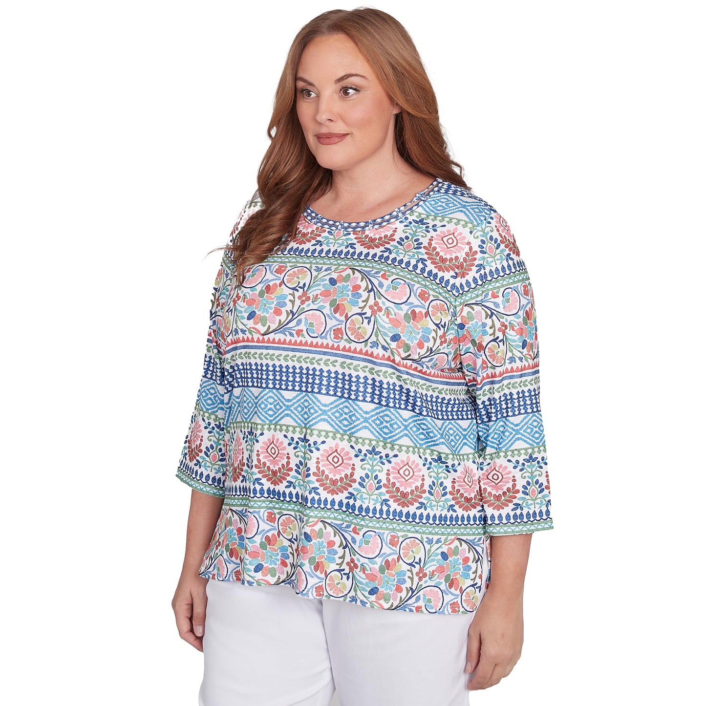 Alfred Dunner Women's Plus-Size Knit Scroll Geometric Crewneck Top Size 3X Navy Multi
