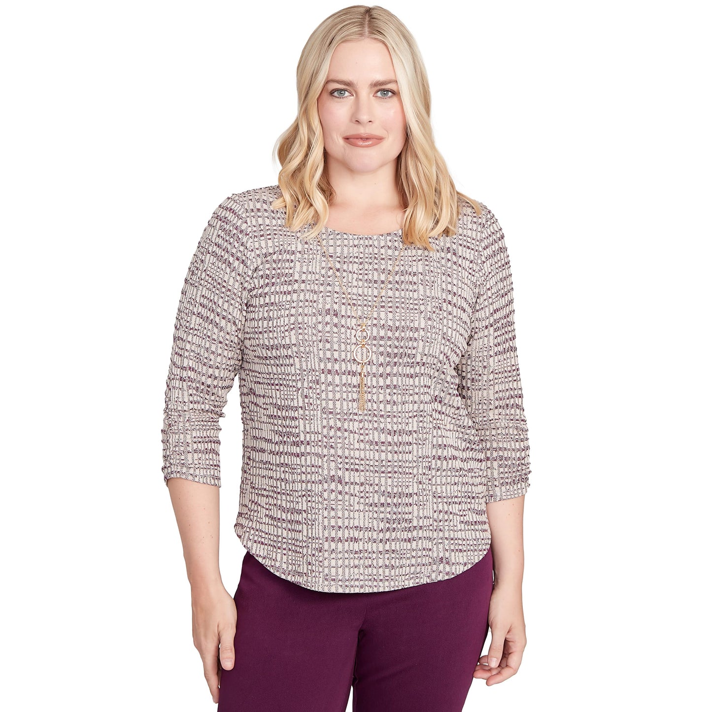 Alfred Dunner Women's Petite Textured Shimmer Space Dye Top with Necklace Size PM Plum Multi