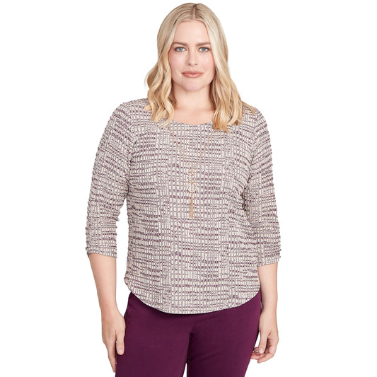Alfred Dunner Women's Petite Textured Shimmer Space Dye Top with Necklace Size PM Plum Multi