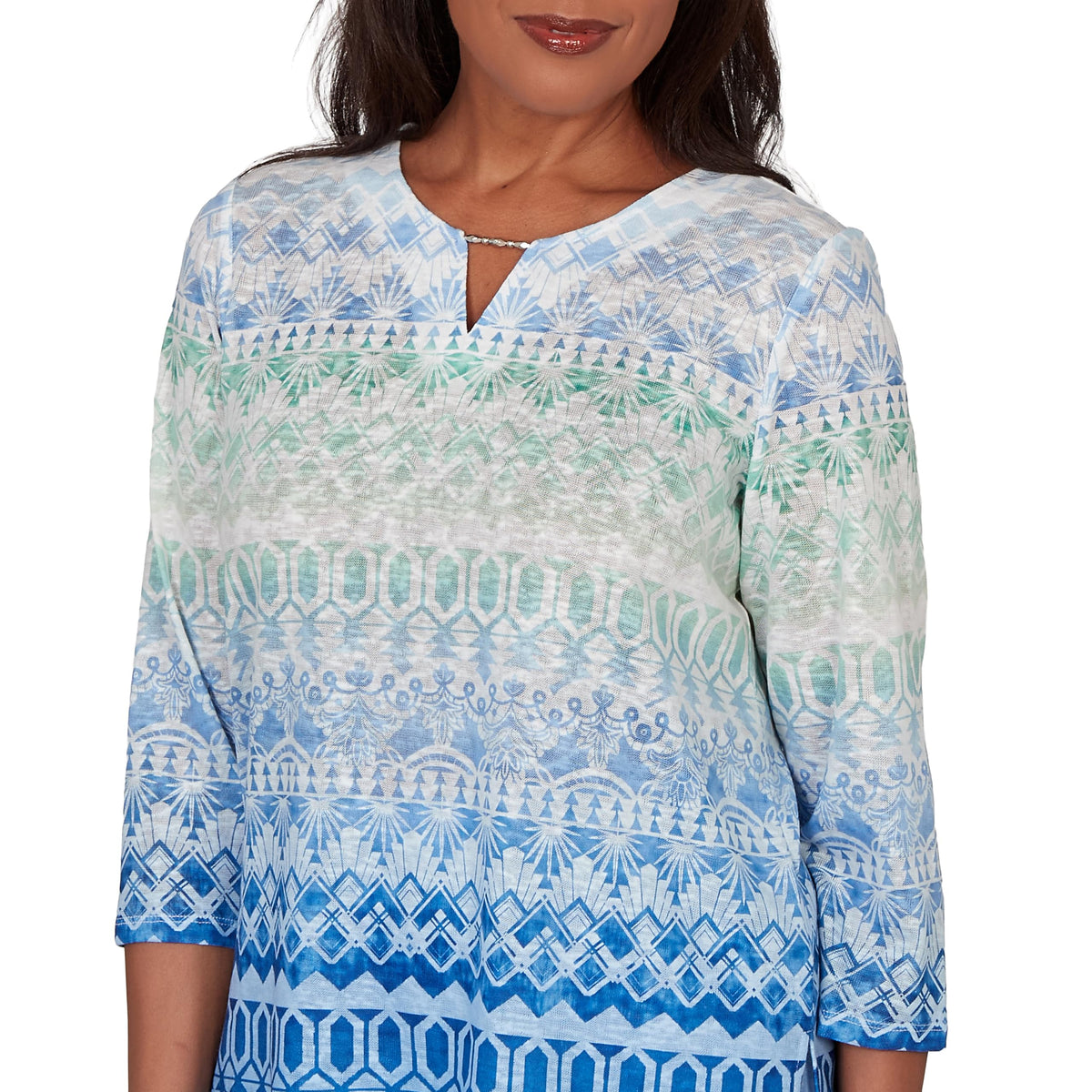 Alfred Dunner Women's Ombre Biadere Split Neck Top