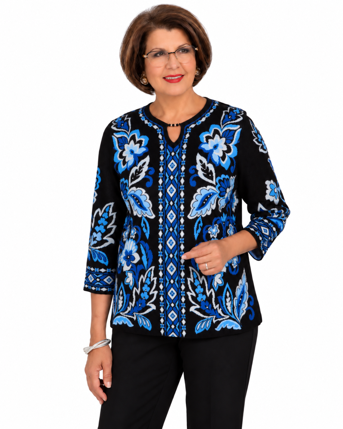 Alfred Dunner Women's Paisley Leaf Jacquard Sweater, Sapphire, S
