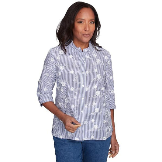 Alfred Dunner Flower Power Strip/Applique Cotton Button Down Shirt