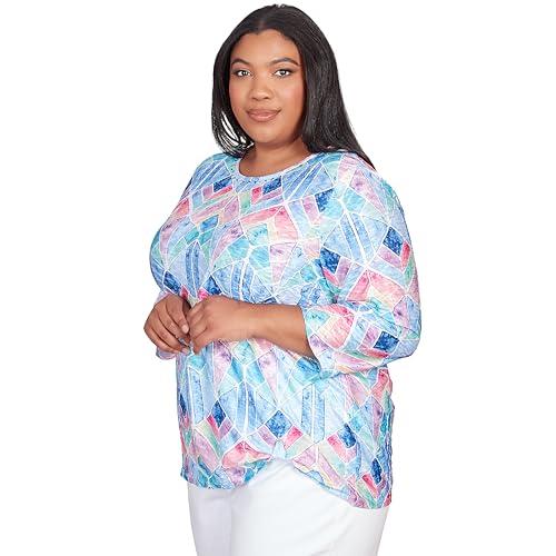 Alfred Dunner Classic Denim Stain Glass Polyester Top (US, Alpha, 2X, Plus, Regular, Plus Size, Multi)