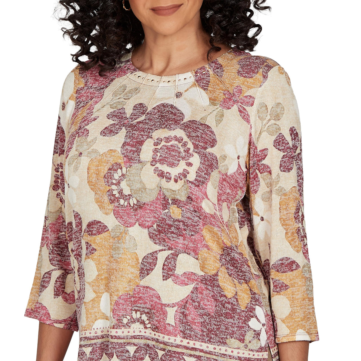 Alfred Dunner Women's Exploded Floral Geo Border Top, Tan, M