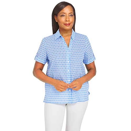 Alfred Dunner Women's Stencil Floral Short Sleeve Button Down Top Size S Periwinkle