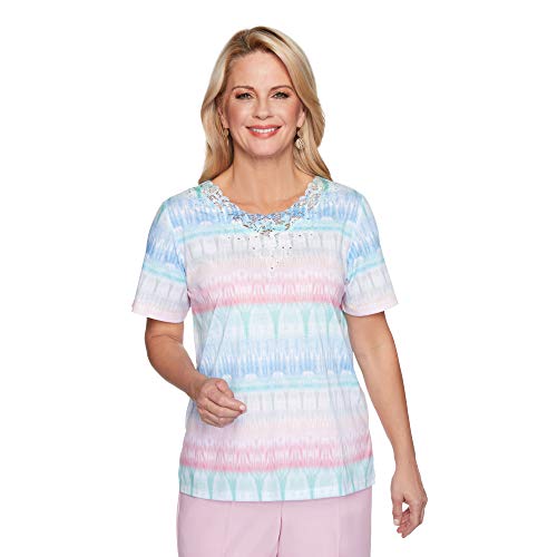 Alfred Dunner Women's Texture Graphic Print Short Sleeve Knit Lace Neck TopSmall Multi