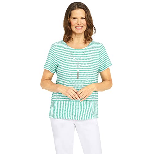 Alfred Dunner Women's Stripe Texture Knit Top with Necklace Size S Seagreen