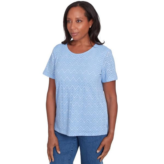 Alfred Dunner Women's Textured Chevron Lace Back Tee White
