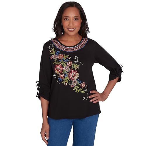 Alfred Dunner Harvest Moon Black with Center Embroidered Cotton/Polyester Top (US, Alpha, Medium, Regular, Regular, Standard, Black)