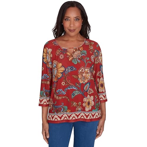 Alfred Dunner Harvest Moon Floral Border Mesh Top (US, Alpha, Small, Regular, Regular, Standard, Paprika)