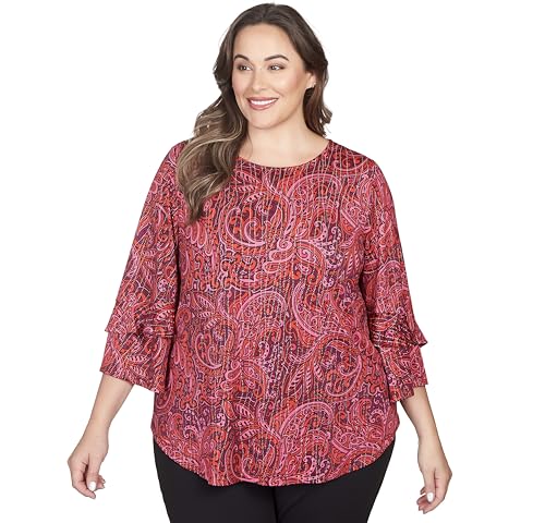 Ruby Rd Must Have Modern Polyester Red/Black Shirt with Bell Sleeve