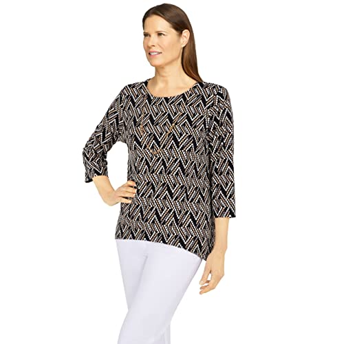 Alfred Dunner Classic Black Tan Polyester Top with Sharkbite Hems (as1, Alpha, s, Regular, Regular, Standard, Multi)