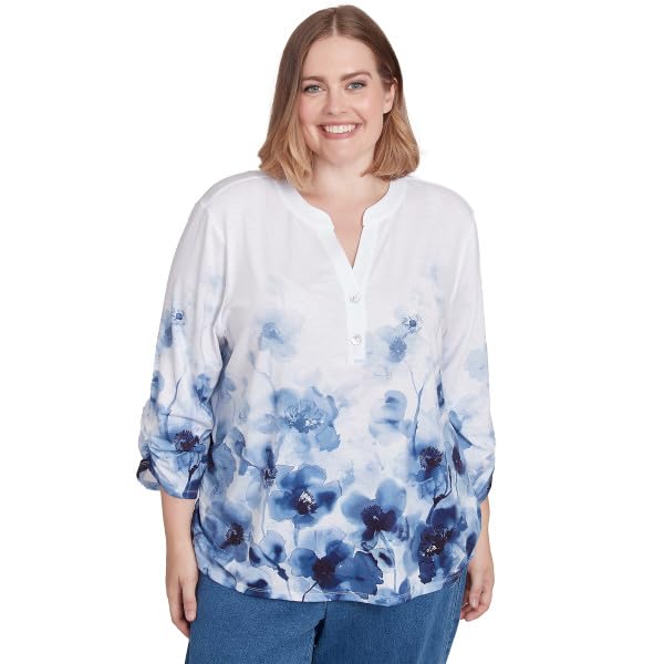 Alfred Dunner Classic Border Floral Polyester Top Navy/White